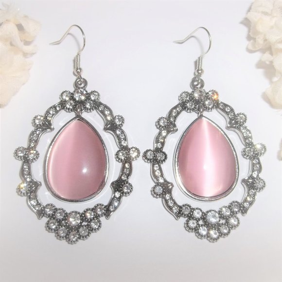 Statement Earring Pink Silver White Rhinestone Big Earrings Earring Earring A502 - Picture 1 of 6